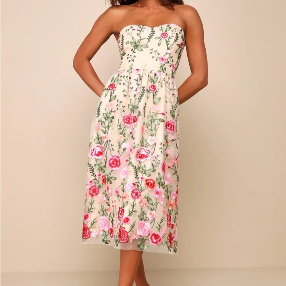 Lulus Endless Praise Beige Floral Embroidered Strapless Midi Dress